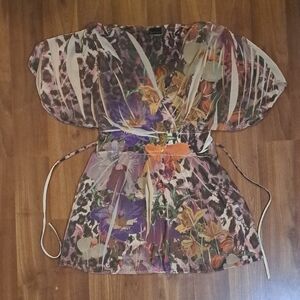 Elegant Floral Print V-neck Sheer Women's Blouse